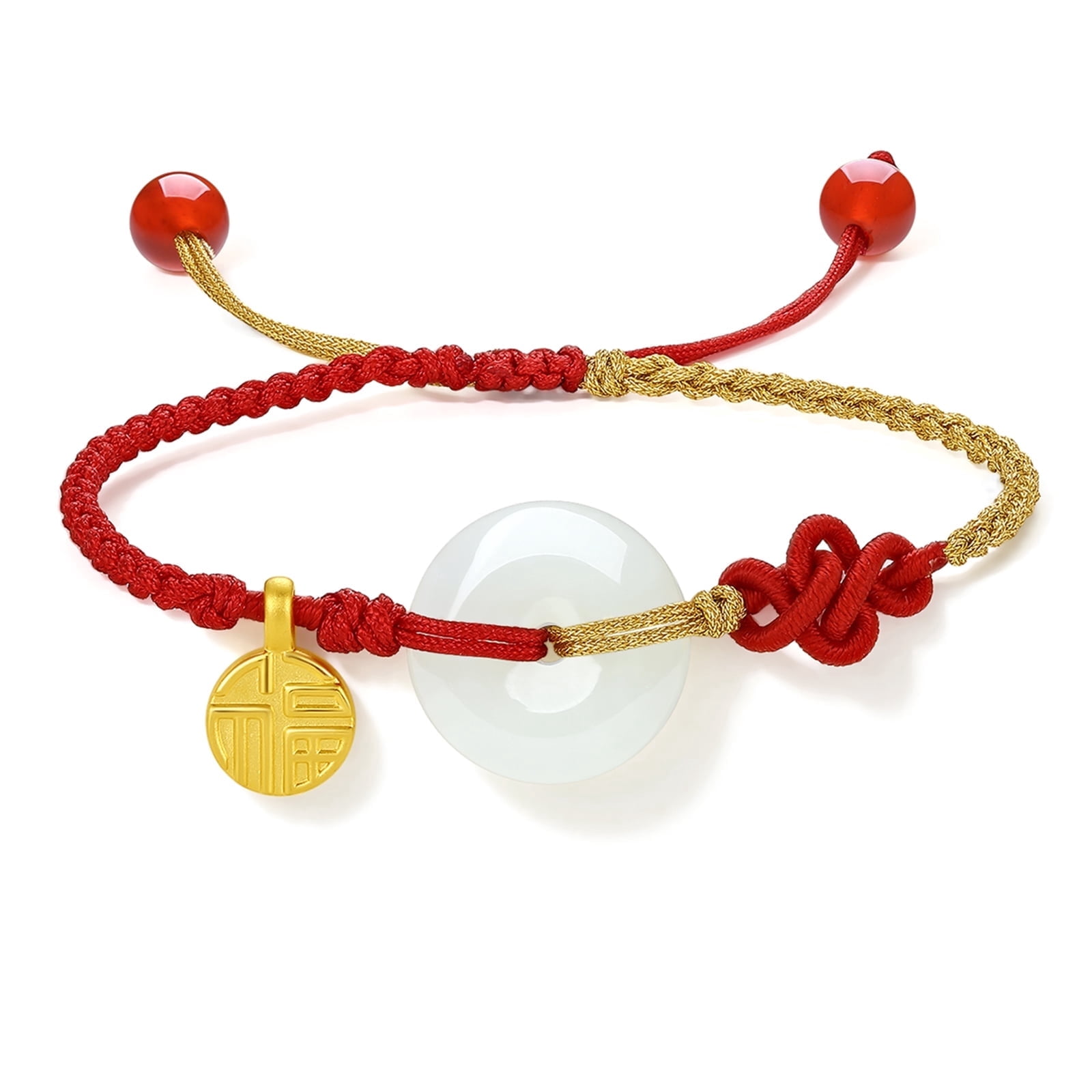 ZHOU LIU FU 24K Solid Gold FU Charm String Bracelet - Jade Peace Buckle Colored Braided Rope Feng Shui Jewelry for Women
