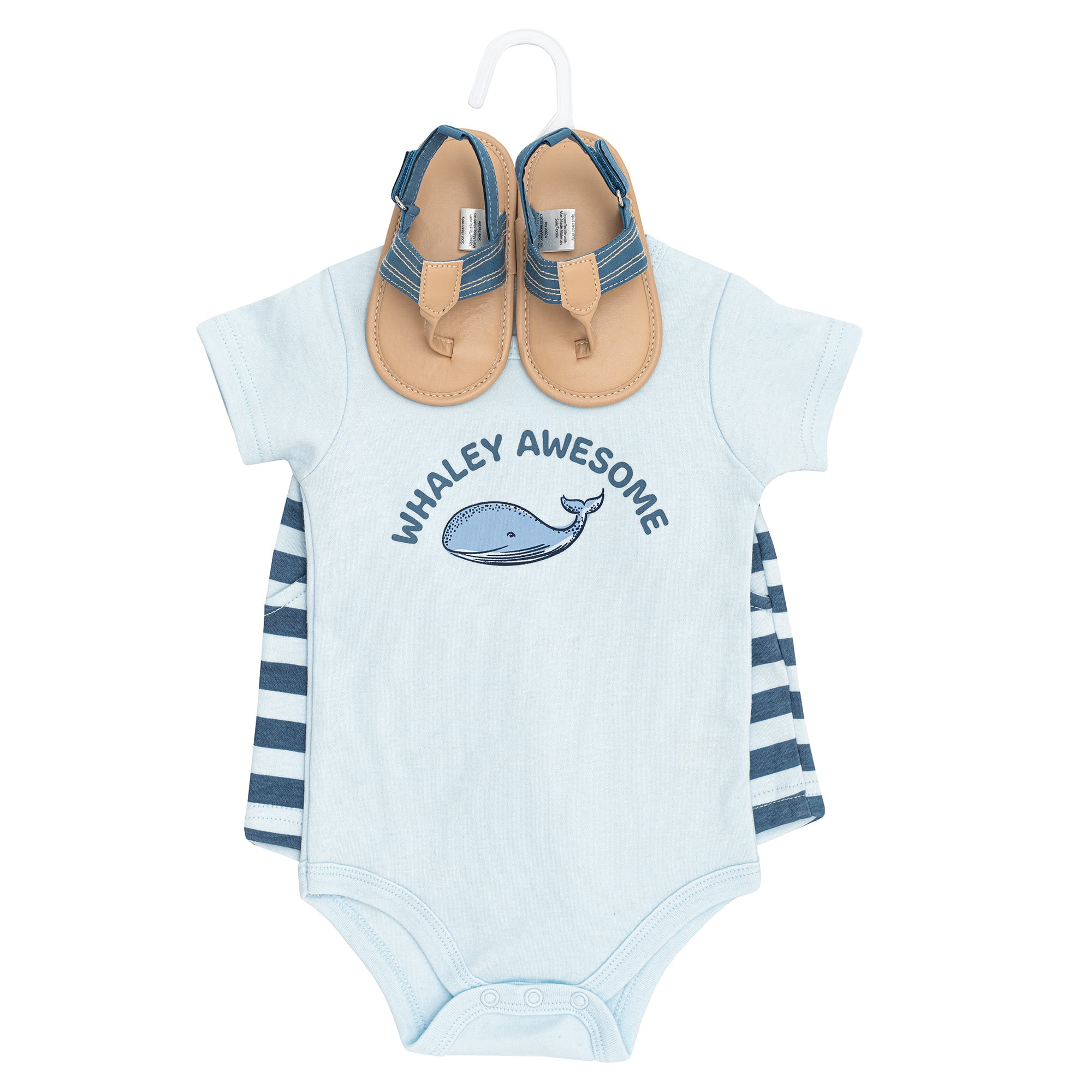 Hudson Baby Boy Cotton Bodysuit, Shorts and Shoe Set, Blue Whaley Awesome, 3-6 Months