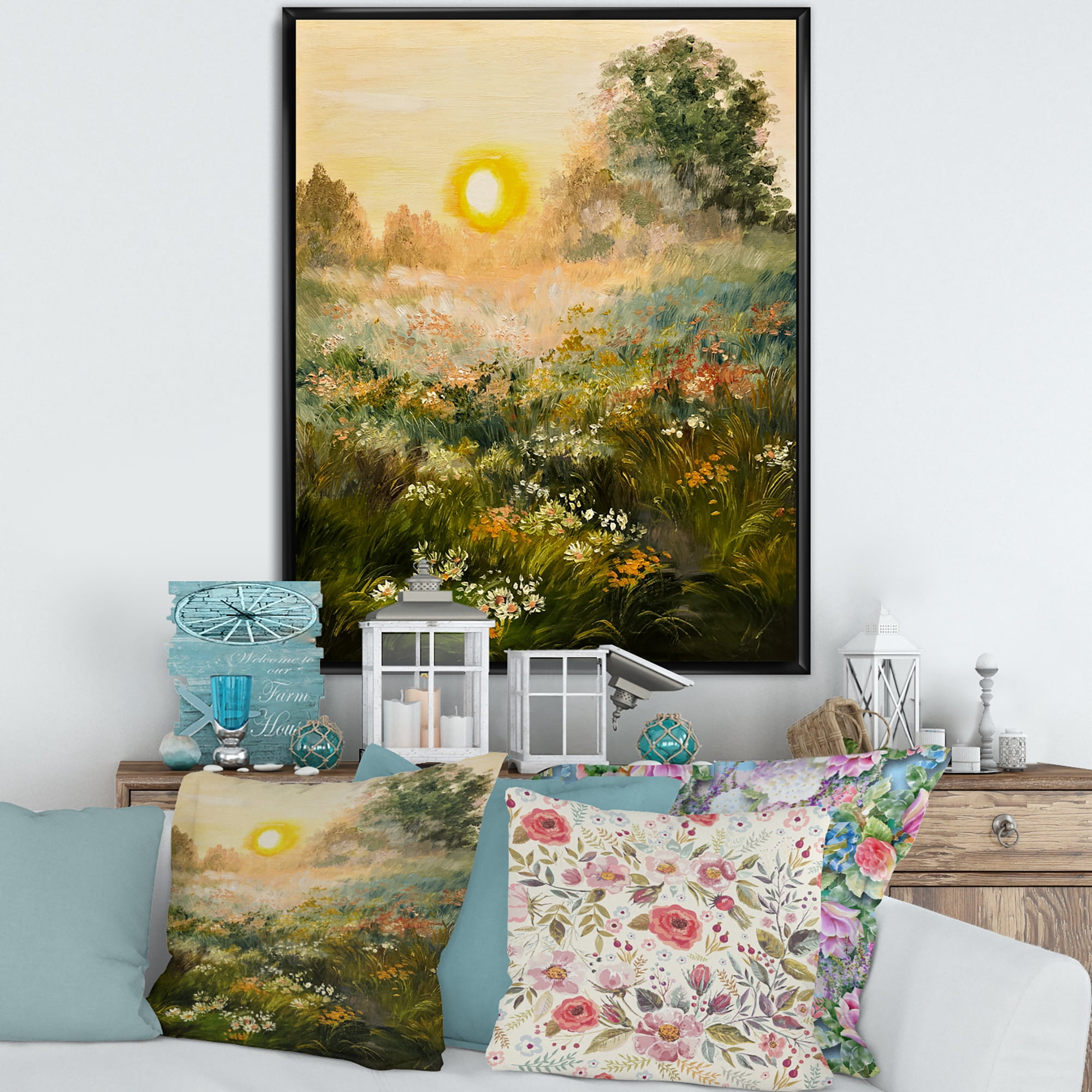 Designart 'The Blossoming Field With Sunrise' Farmhouse Framed Canvas Wall Art Print