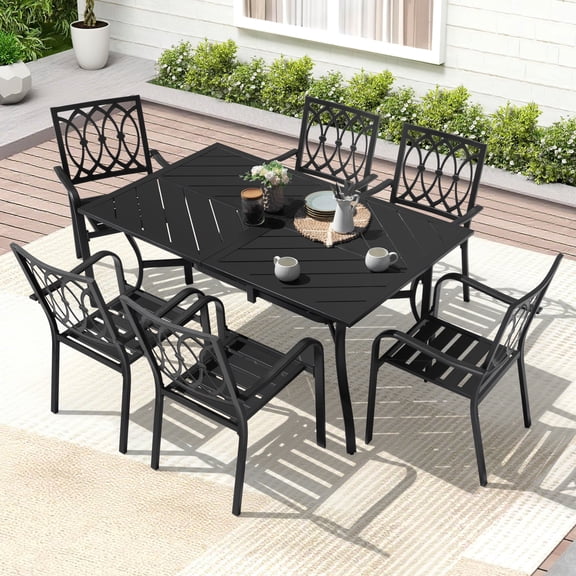 Nuu Garden 7-Piece Patio Dining Set with Umbrella Hole, 61'' x 37'' Rectangle Outdoor Dining Table and 6 Stackable Patio Dining Chairs, All Weather Metal Outdoor Furniture Set,  Black