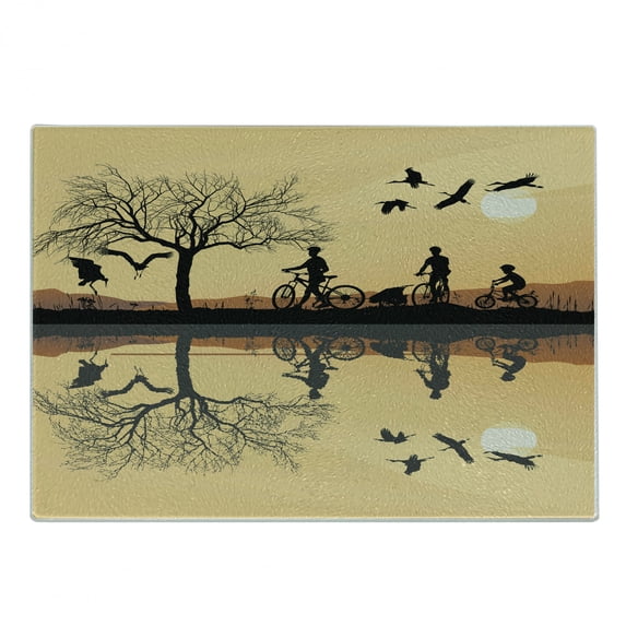 Mountain Cutting Board, Silhouette of Strokes and a Family with Bicycles near a Lakeside, Decorative Tempered Glass Cutting and Serving Board, Small Size, Earth Yellow Black Brown, by Ambesonne