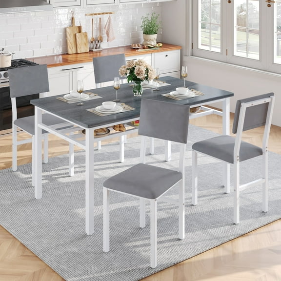 PORKISS 5-Piece Dining Table Set for 4, Modern Dining Table with 4 Velvet Chairs, Gray White