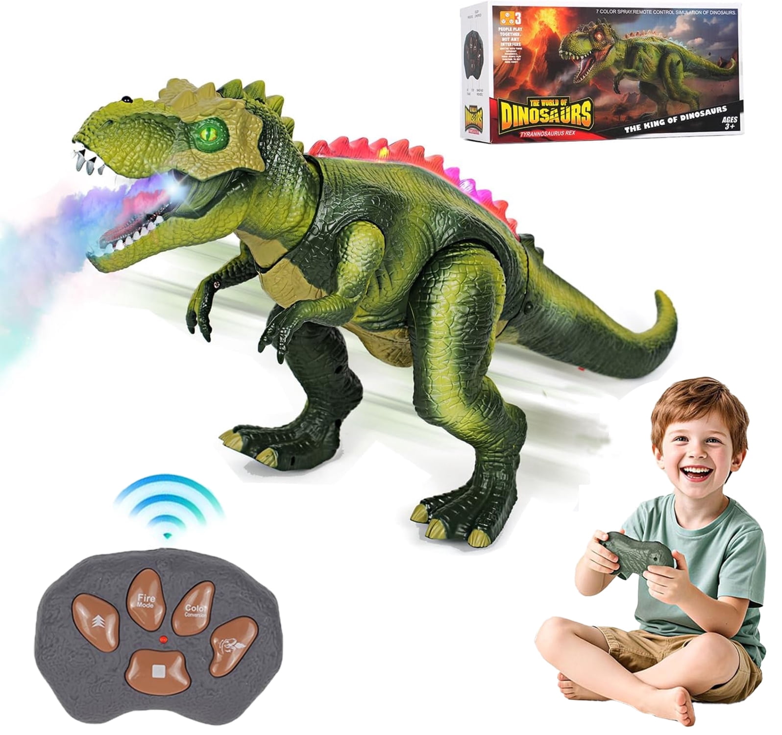 XINGLUKE Remote Control Dinosaur Toys for Kids, Walking RC T-Rex Toys with Light, Colorful Sprays and Roars Sounds for Boys Girls 3+ Years Old