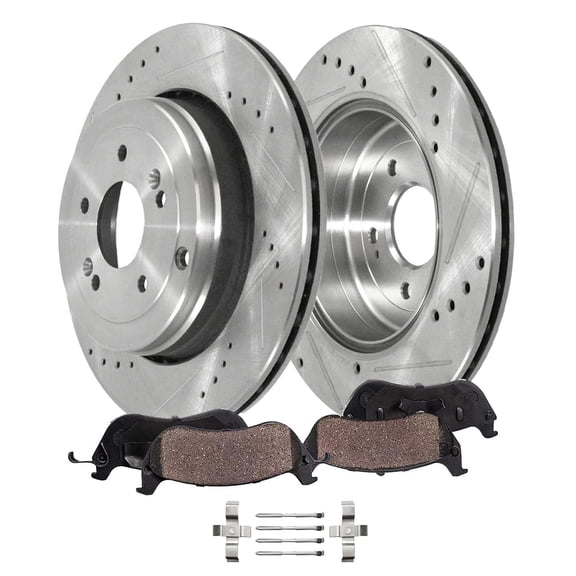 Detroit Axle - Rear Brake Kit for 2010 2011 2012 2013 2014 2015 2016 Hyundai Genesis Coupe, Drilled and Slotted Disc Brake Rotors Ceramic Brakes Pads with Hardware Replacement: 12.99" inch Rotor