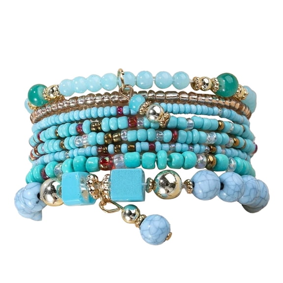 SUSHANG Bohemian Rice Bead Bracelet 8PCs Beaded Bracelet Jewelry Set Multilayer Boho Charm Bracelet Pack for Women and Men Turquoise