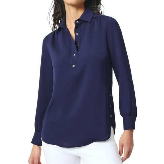 Jones New York Womens Tulip Hem Button Down Blouse, Blue, Petite, PXL