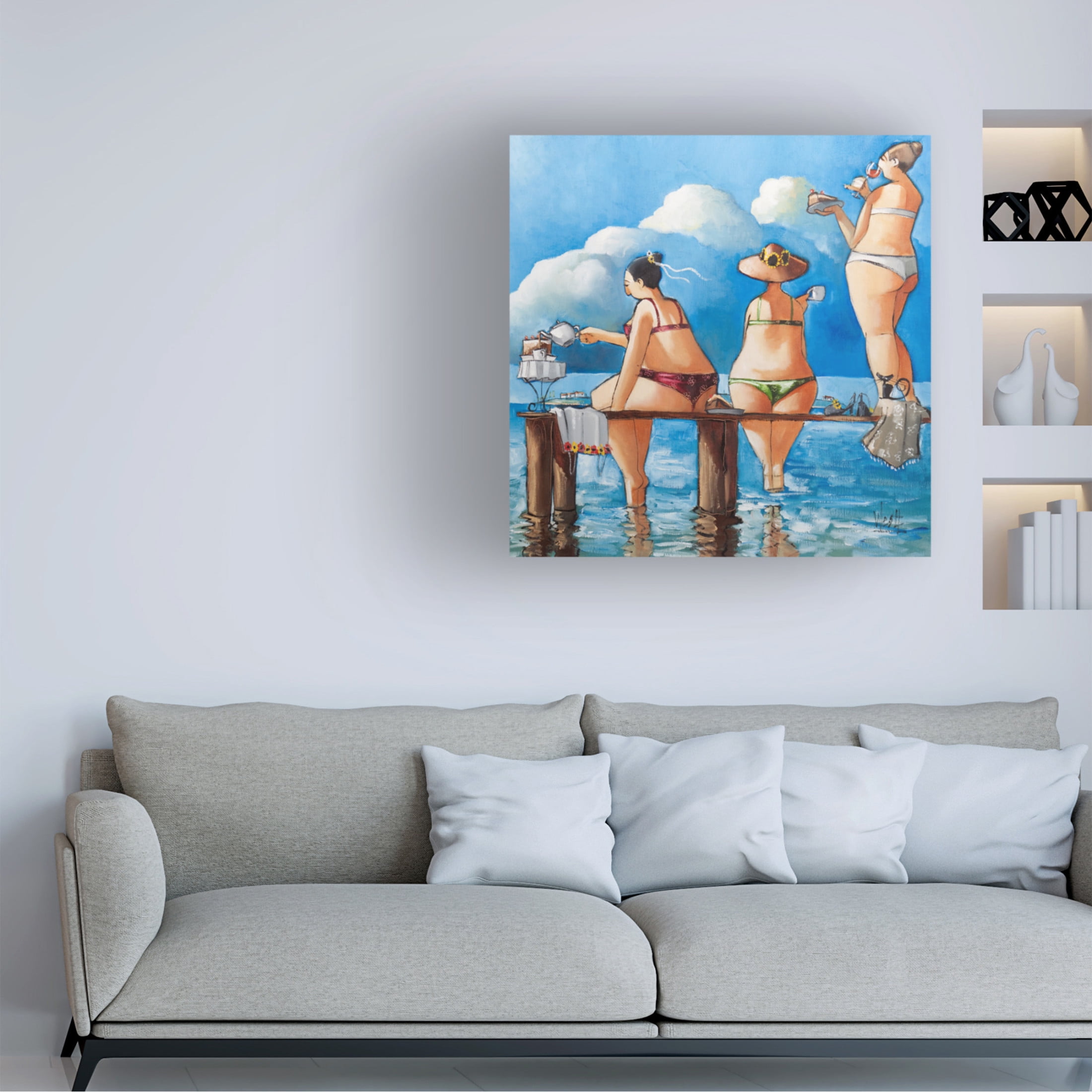 Canvas Wall Art - Ronald West 'Tea Break On The Jetty' Wall Art for Living Room, Bedroom, or Office Décor by Trademark Fine Art - 24 x 24 Inches