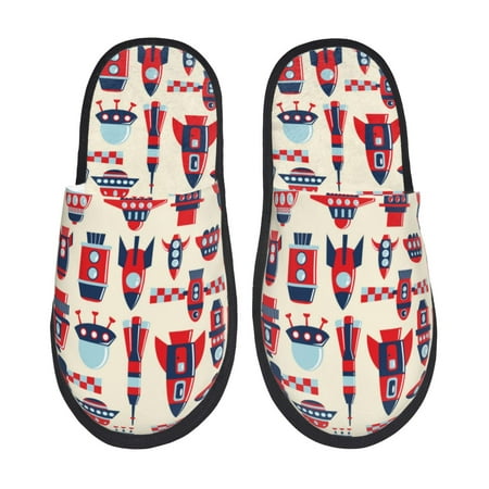 Balery Rocket Pattern Slient Indoor Furry Fleece Comfort House Shoes Soft Non-Slip Home Shoes Cotton slippers House Slippers-- Medium