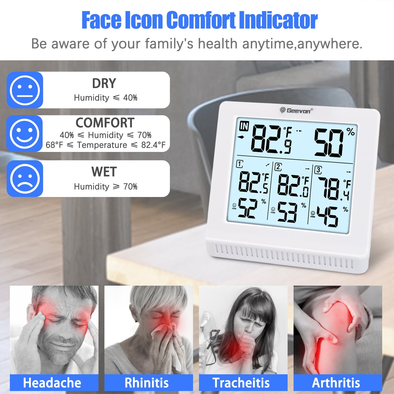 Geevon Indoor Outdoor Thermometer Wireless with 3 Remote Sensors, Wireless Thermohygrometer, Digital Temperature Humidity Meter with Backlight, 200FT/60M Transmission