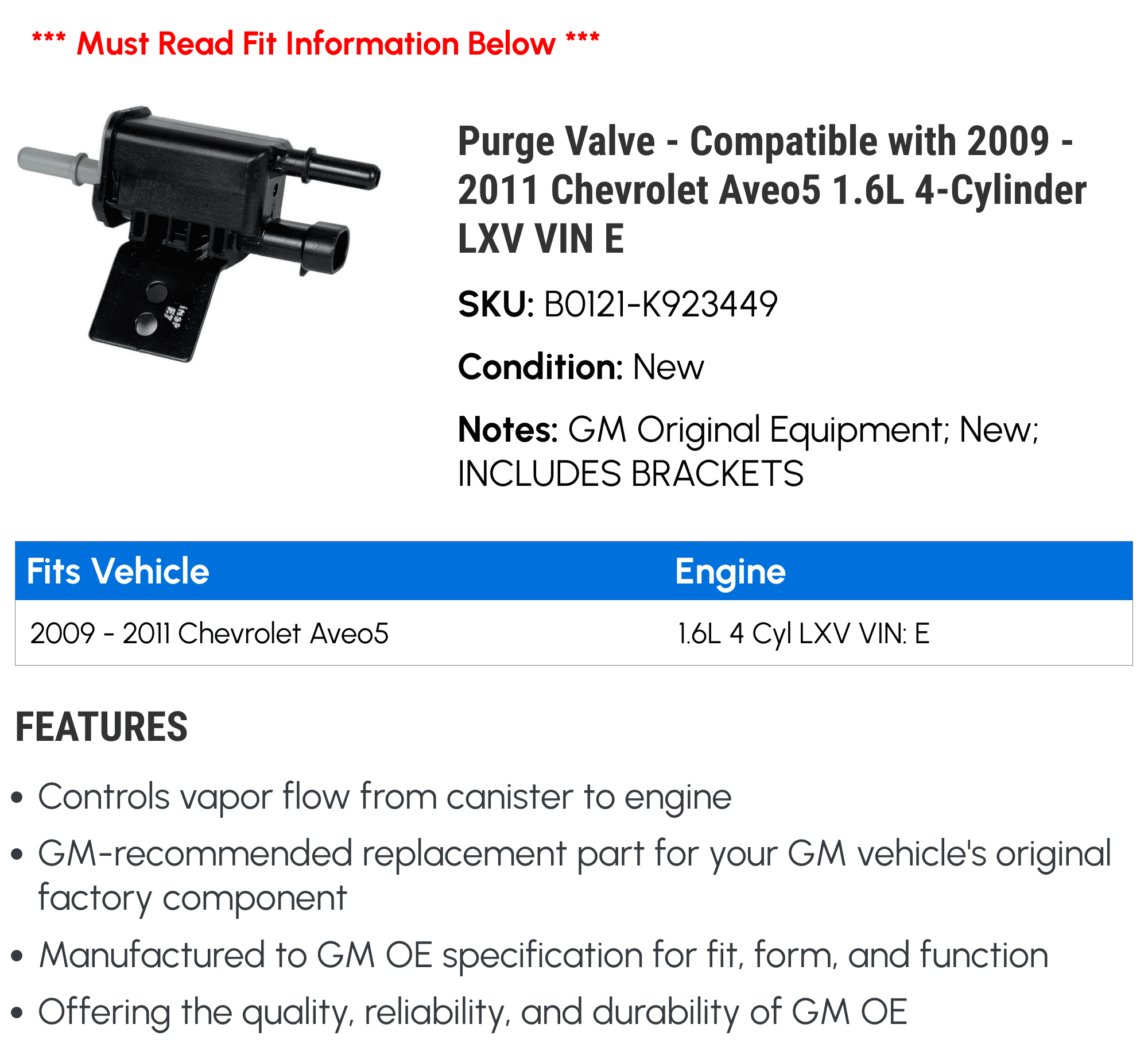 Purge Valve - Compatible with 2009 - 2011 Chevrolet Aveo5 1.6L 4-Cylinder LXV VIN E - AC Delco