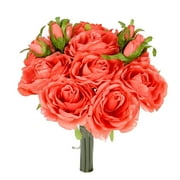 JENLYFAVORS Rose Silk Flower Bouquet Dark Coral