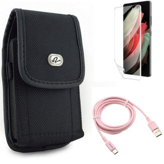 Case Belt Clip & 6ft USB-C Cable & Matte Screen Protector for Samsung Galaxy S22 Plus (S22 ) - Combo Rugged Holster & Pink Charger Cord Power & TPU Film Anti-Glare