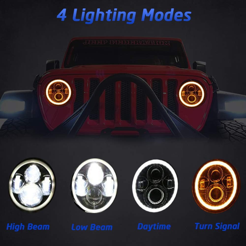 7 Round LED Jeep Wrangler Headlights 2pcs 200W Halo Angel Eye Ring DRL & Amber Turn Signal Lights H/L beam for Jeep Wrangler JK LJ CJ Hummer H1 H2 