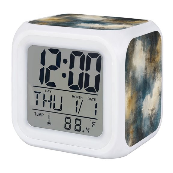 Teal Beige Ombre Digital Alarm Clock for Bedrooms, Smart LED Alarm Clock with 7 Color Changing Night Light, Art Vintage Abstract Clouds Silent Wake Up Clocks for Sleep Study Cooking 3.2"x3.2"