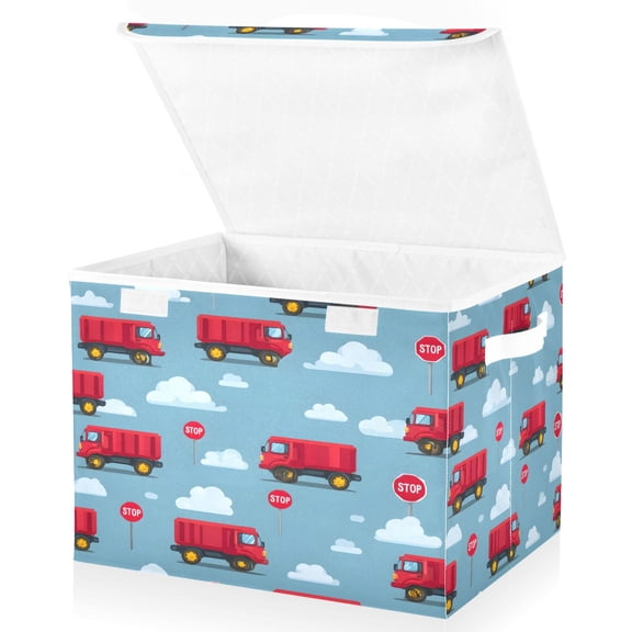 Yayeee Collapsible Cube Storage Bin with Lid Fabric Closet Decorative Basket with Handles, Red Cartoon Truck Pattern