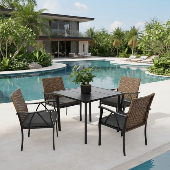 Sailvan 5 Piece Wicker Outdoor Table and Chairs,Patio Dining Set with Square Steel Table and Umbrella Hole,Brown