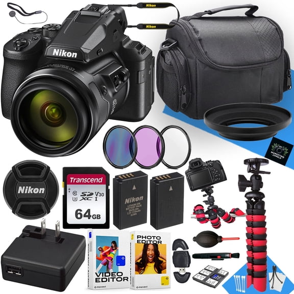 Nikon COOLPIX P950 Digital Camera With NIKKOR 24-2000mm Lens   64GB Memory   Extra Battery   Filters   Spider Tripod   More (22pc Bundle)