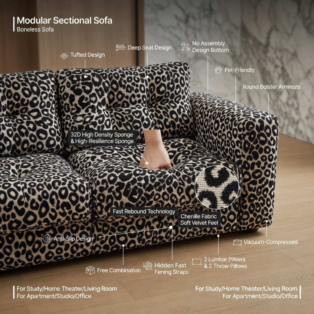 Hommoo Comfy Chenille Leopard Print Loveseat Sofa with Movable Ottoman, Tassel Trim & Ergonomic Deep Seat Design, Modern Living Room Couch Set, khaki