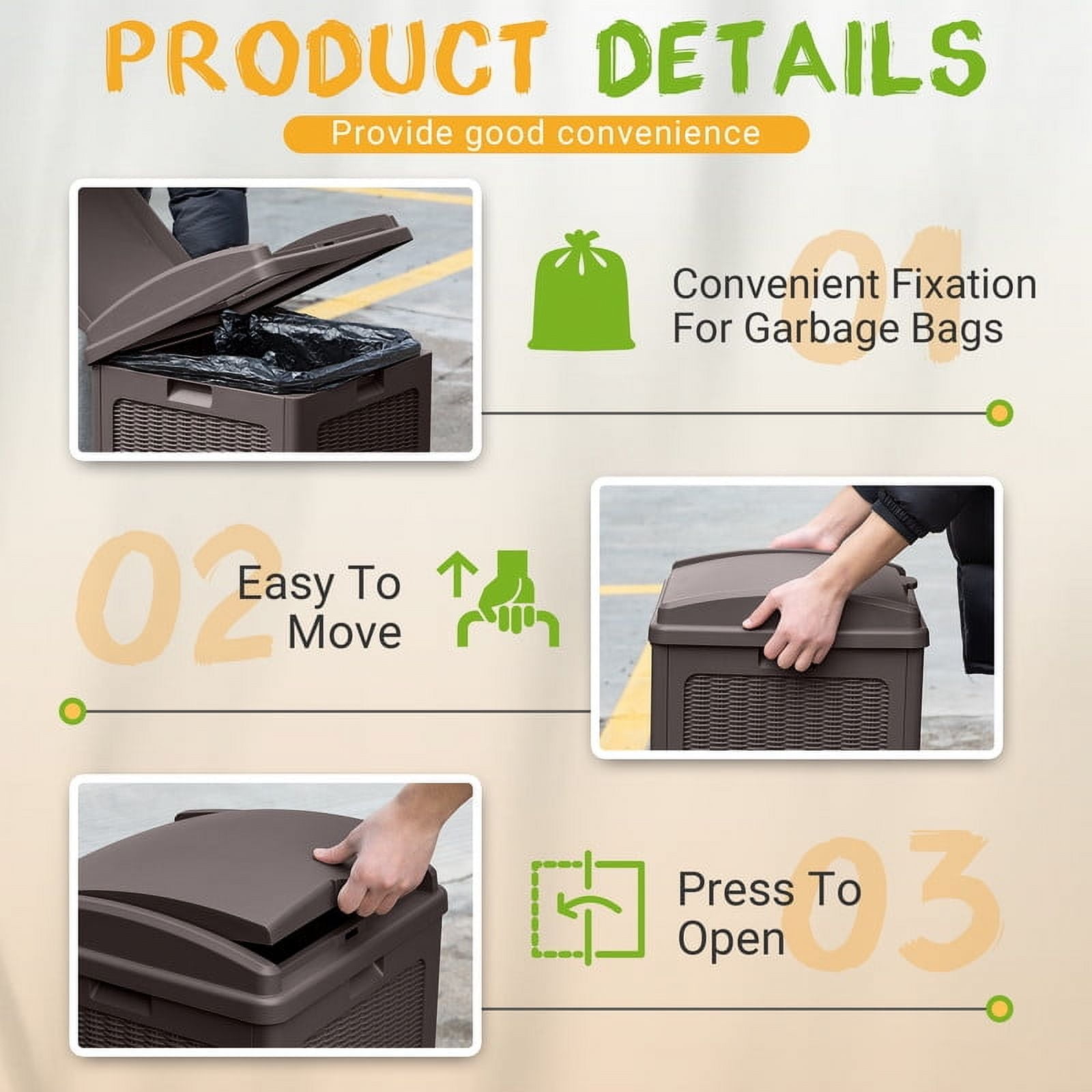 Devoko  All-Weather use Trashbin with Lid, Patio Resin Hideaway Trash Can with Waterproof for Backyard, Dark brown