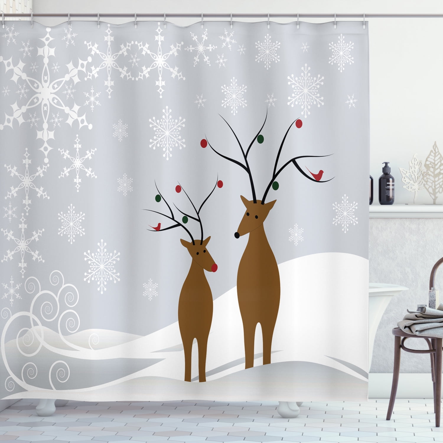 Christmas Deer In Forest  Bathroom Fabric Shower Curtain Set 71Inches Long 
