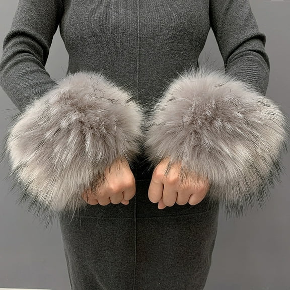 Naierhg 1 Pair Cuffs Solid Color Faux Fur Autumn Winter Windproof Fluffy Wristbands Black Gray