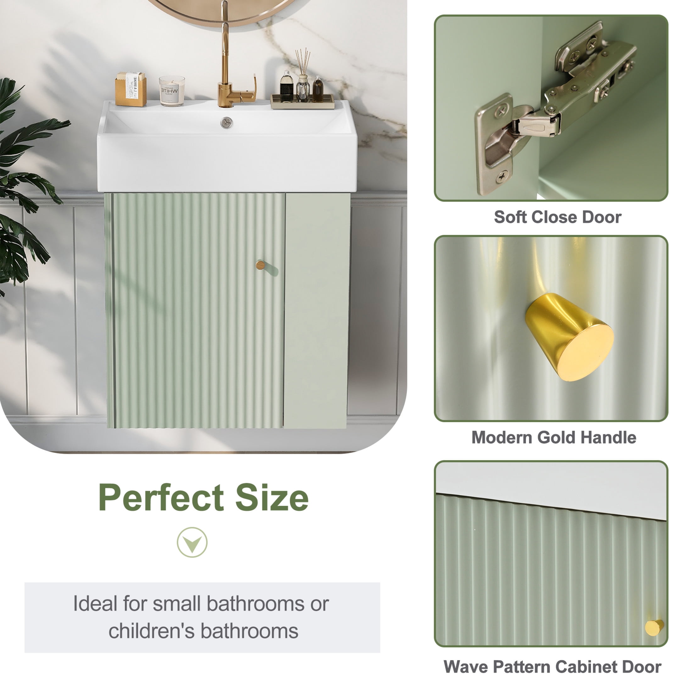Noble House 21.6" Floating Bathroom Vanity with Ceramic Sink, Right Side Storage, Wave Door & Gold Handle, Green