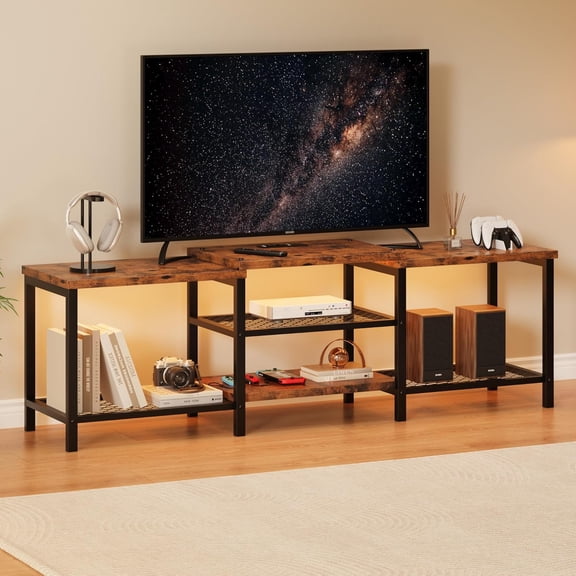TV Stand for TVs Up to 75 Inch, Entertainment Center with Power Outlet and LED Lights Open Storage Shelves, Media Console for Living Room, Bedroom, Vintage Brown