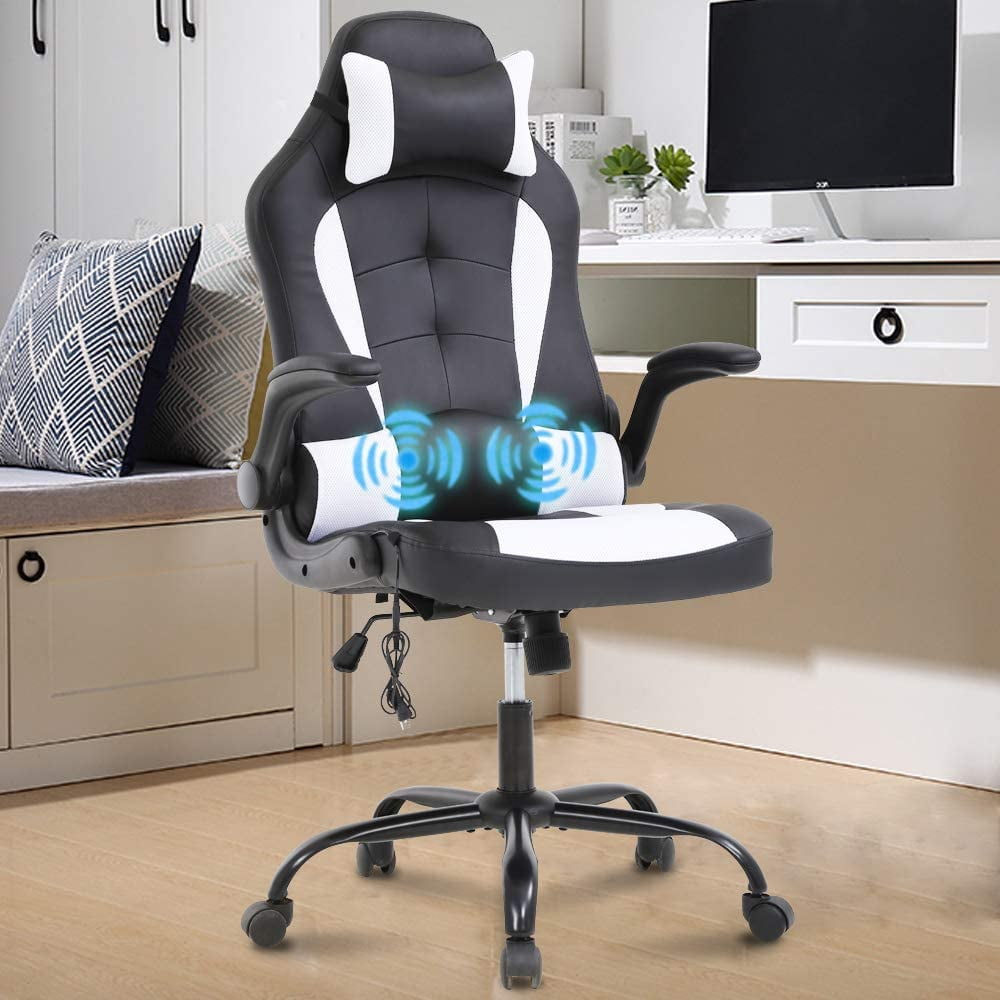 Dkelincs Massage Chair Video Game Chair Ergonomic Computer Office Desk Chair with a Vibrator Lumbar Support, Headrest,Flip up Armrest, White Walmart.com