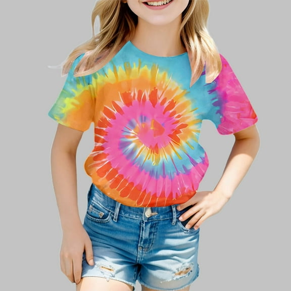 Trendy Girls' Tie Dye Print Short Sleeve T Shirt for Summer Casual Wear - Stylish Round Neck Tee for Toddlers and Kids