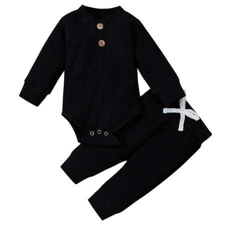 

Ierhent Baby Boy Girl Clothes Ribbed Knitted Cotton Long Sleeve Romper Long Pants Solid Color Fall Winter Outfits(Black 6-12 Months)