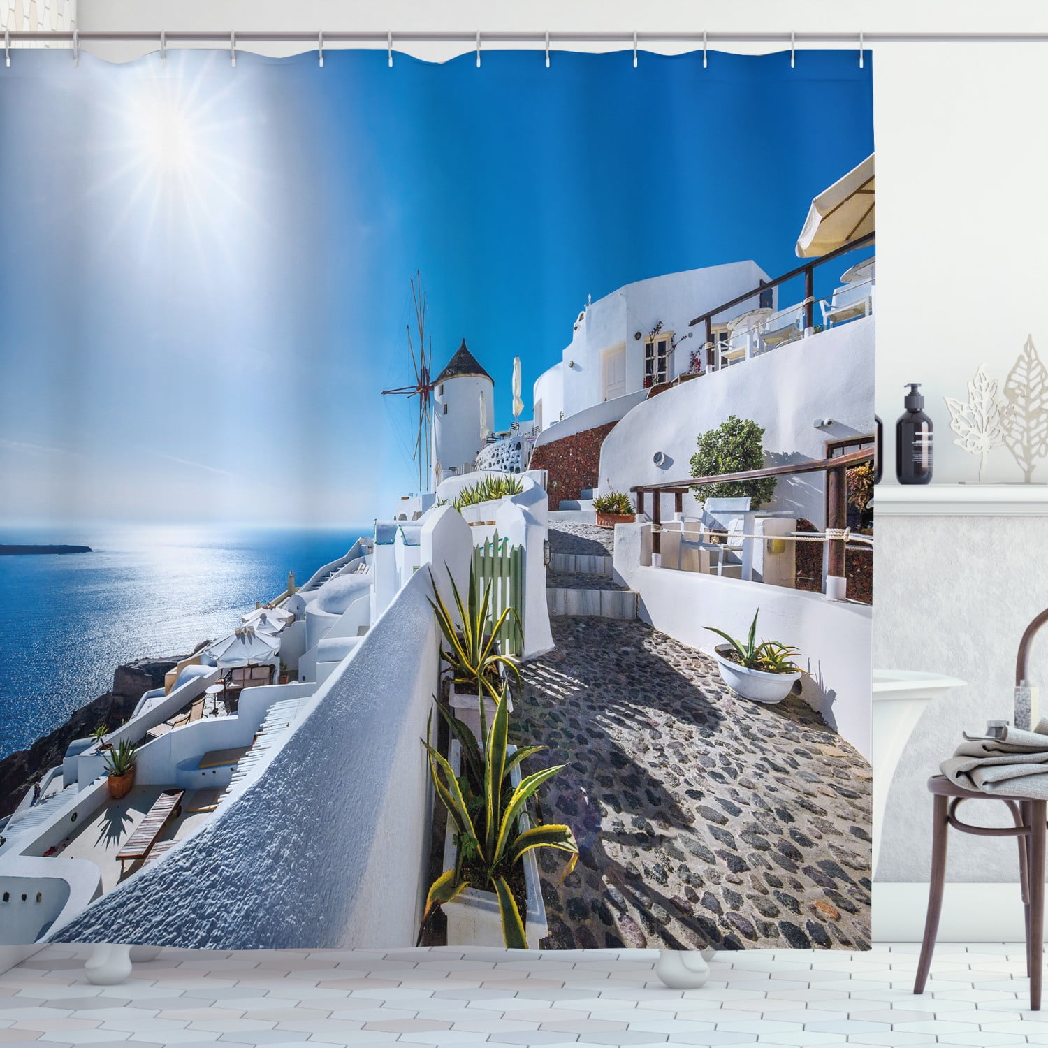 72x72" Greek Seaside Town Waterproof Fabric Shower Curtain Set Bathroom Hooks 