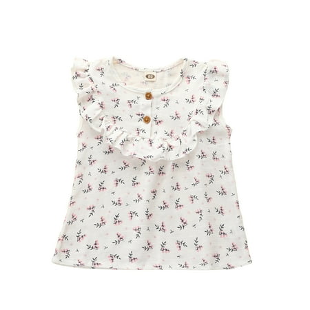

Baby Girls Sleeveless Floral Print Ruffled Tops Clothes Pullover