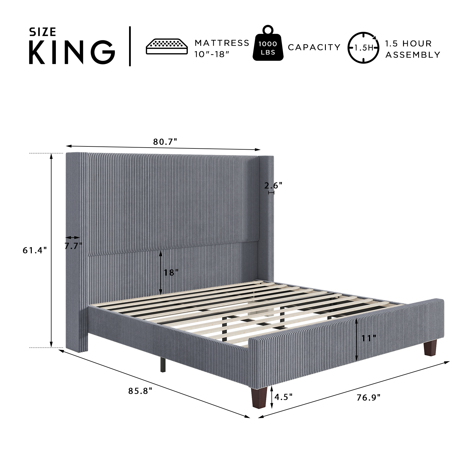 VanAcc King Size 61" Corduroy Upholstered Bed Frame with Vertical Stripe Wingback Headboard/Grey