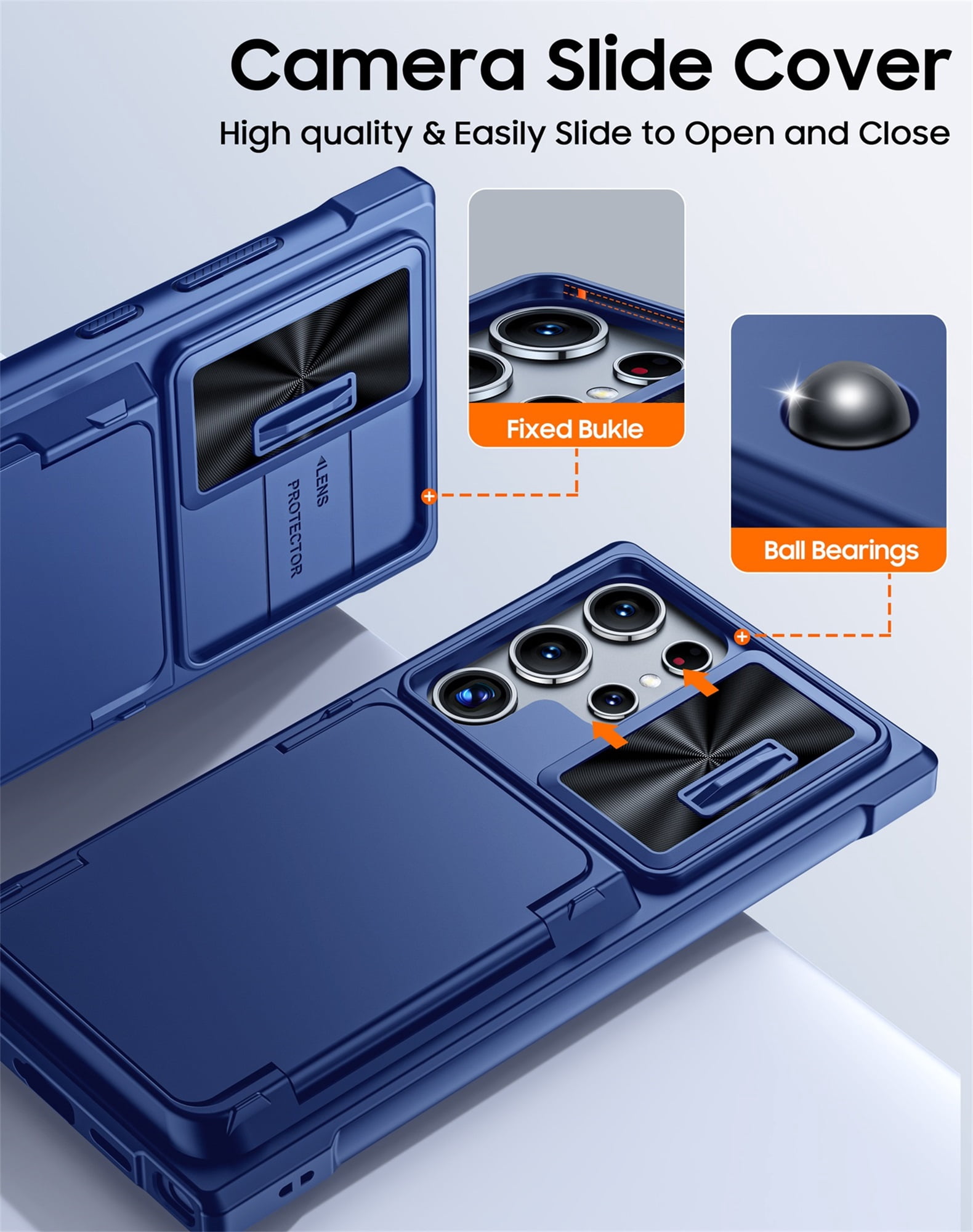 Vizvera for Samsung Galaxy S24 Ultra Phone Case with RFID Cards Holder (Store 4 Cards)&Camera Cover & Kickstand,Shockproof Silicone Case-Blue