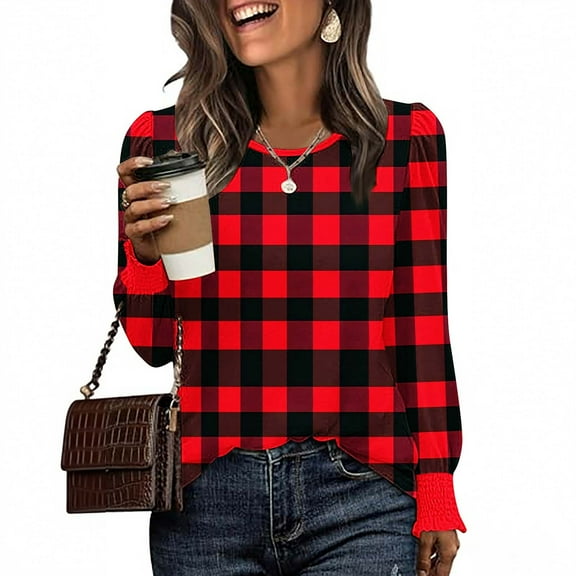 HOMBOM Womens Fall T-Shirts Tops Red Puff Sleeve Plaid Crew Neck for Ladies Long Sleeve