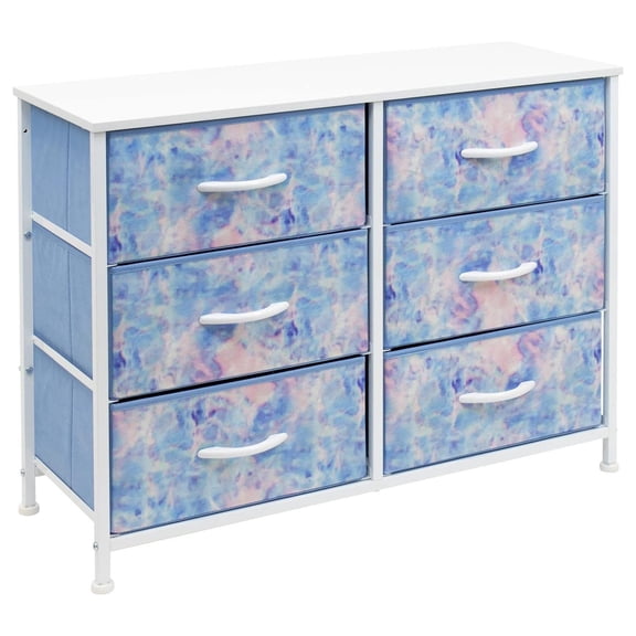 Drevy Dresser with 6 Drawers - Furniture Storage Chest for Bedroom Tower Unit Furniture, Hallway, Closet, Office Organization - Steel Frame, Wood Top, Tie-dye Fabric Bins (6-Drawer, /Blue)