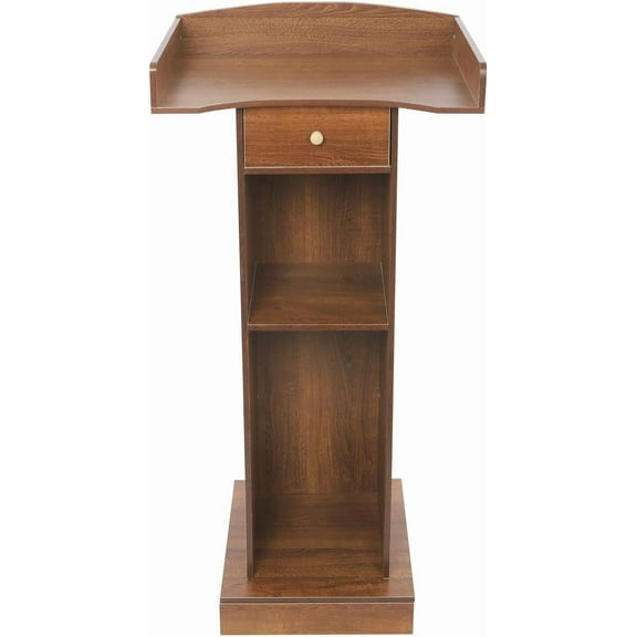 47.2" Wooden Podium Stand with Storage Shelves and Drawer, Floor Standing Lectern Presentation Pulpit, Conference Speaking Desk for Churches Schools Offices Seminars (Brown)