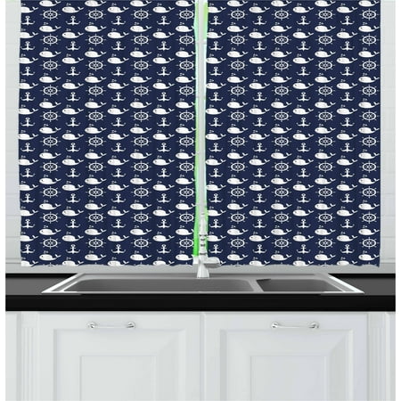 - Navy Blue Curtains 2 Panels Set, Maritime Pattern with Whales Helms Anchors Nautical Elements Deep Sea Life, Window Drapes for Living Room Bedroom, 55W X 39L Inches, Navy Blue White, by Ambesonne