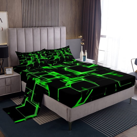 Erosebridal Green Plaid Sheet Set Twin,Futuristic Cubes Bedding Sets Twin Size,Lightweight Bed Sheets Twin,Buffalo Decoration,3pcs