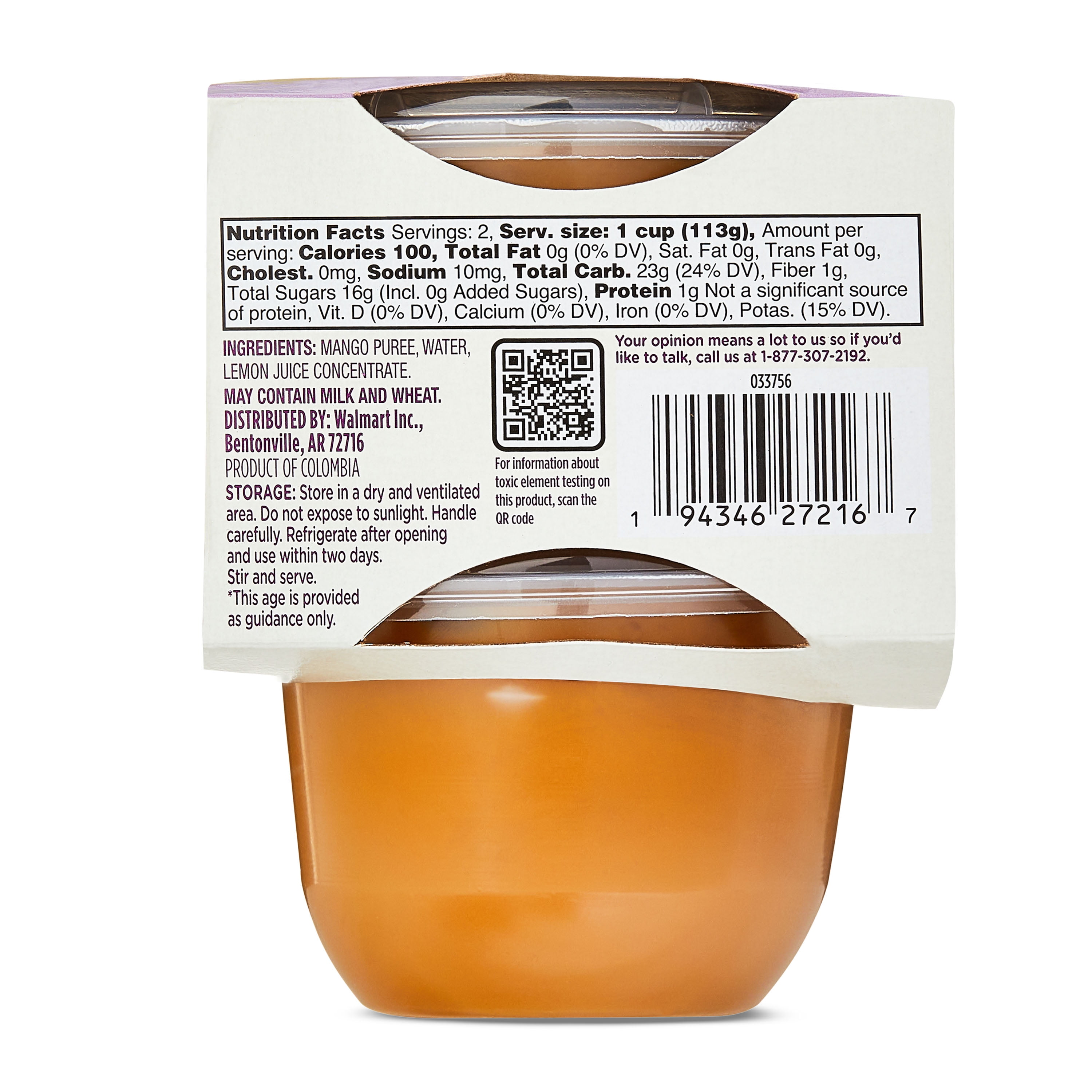 (3 pack) Parent's Choice Stage 1 Baby Food Mango Puree, 4 oz Cups, 2 Pack