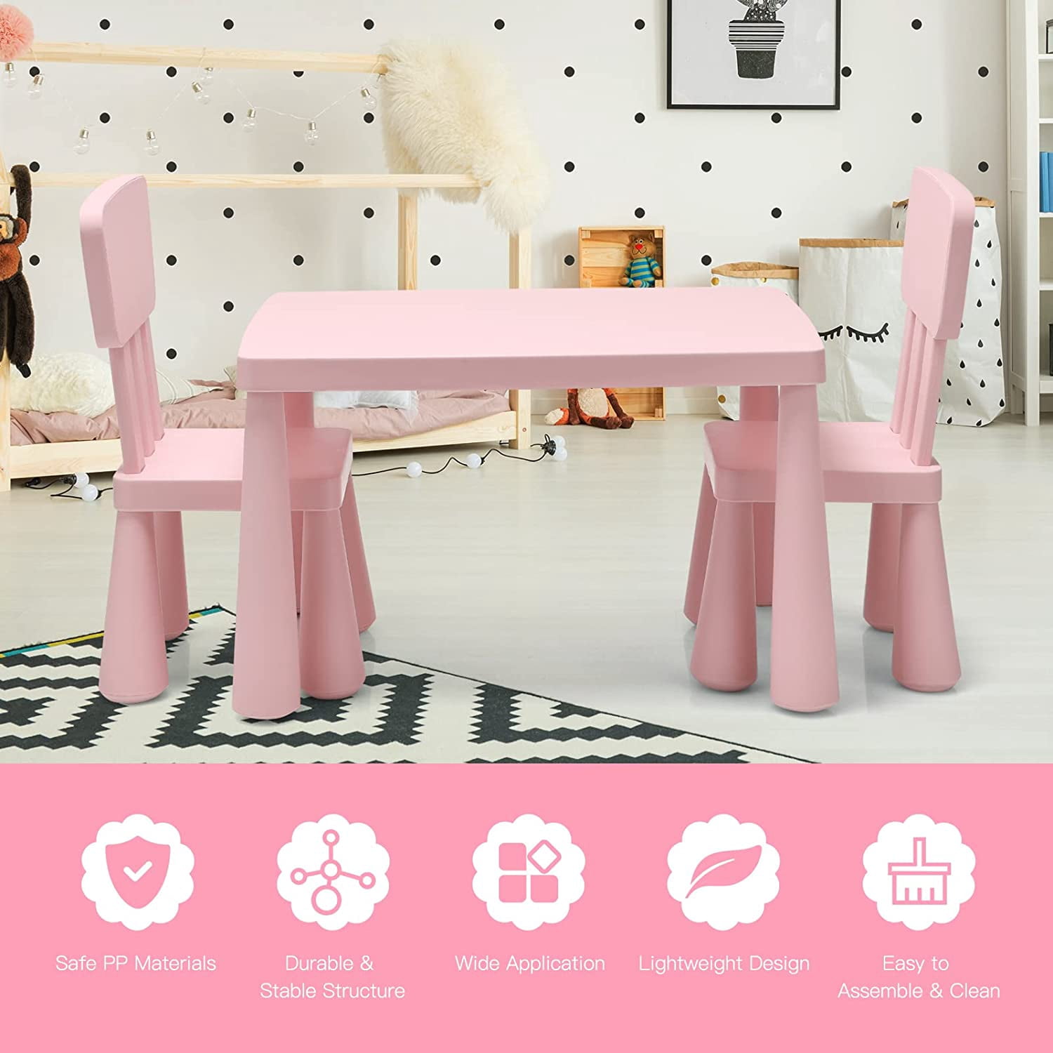 ZJTER Kids Table and Chair Set, Plastic Children Activity Table and 2 Chairs for Art Craft, Easy-Clean Tabletop, 3-Piece Toddler Furniture Set for Daycare Playroom, Gift for Boys Girls(Pink)