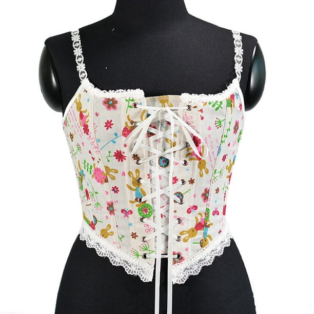 Women Casual Sexy Eyelet Lace-up Floral Print Fishbone Court Vintage Corset  Straps Tank Top Shapewear