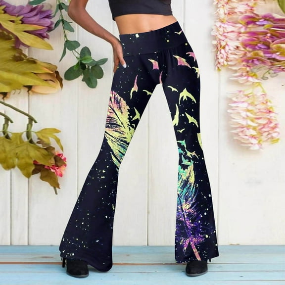 BOOMILK Flare Leg Pants for Women High Waisted Trendy Printed Bell Bottoms Slim Fit Casual Pants Yellow