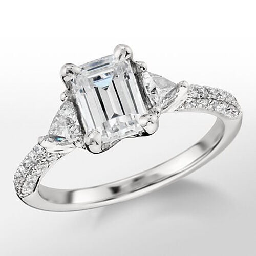 Three Stone Diamond Engagement Ring, Emerald Cut & Trillion Cut Diamond Wedding Ring, Pave Set Solitaire With Accents Diamond Ring, 14K White Gold Plated, 2.3 Ct Simulated Diamond