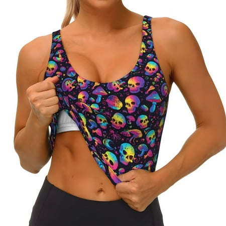 Qokaie Skull mushroom rainbow color Pattern Womens Scoop Neck Sports Bra Breathable Workout Vest Padded U Back Medium Impact Fitness Gym Yoga Bra Workout Crop Top