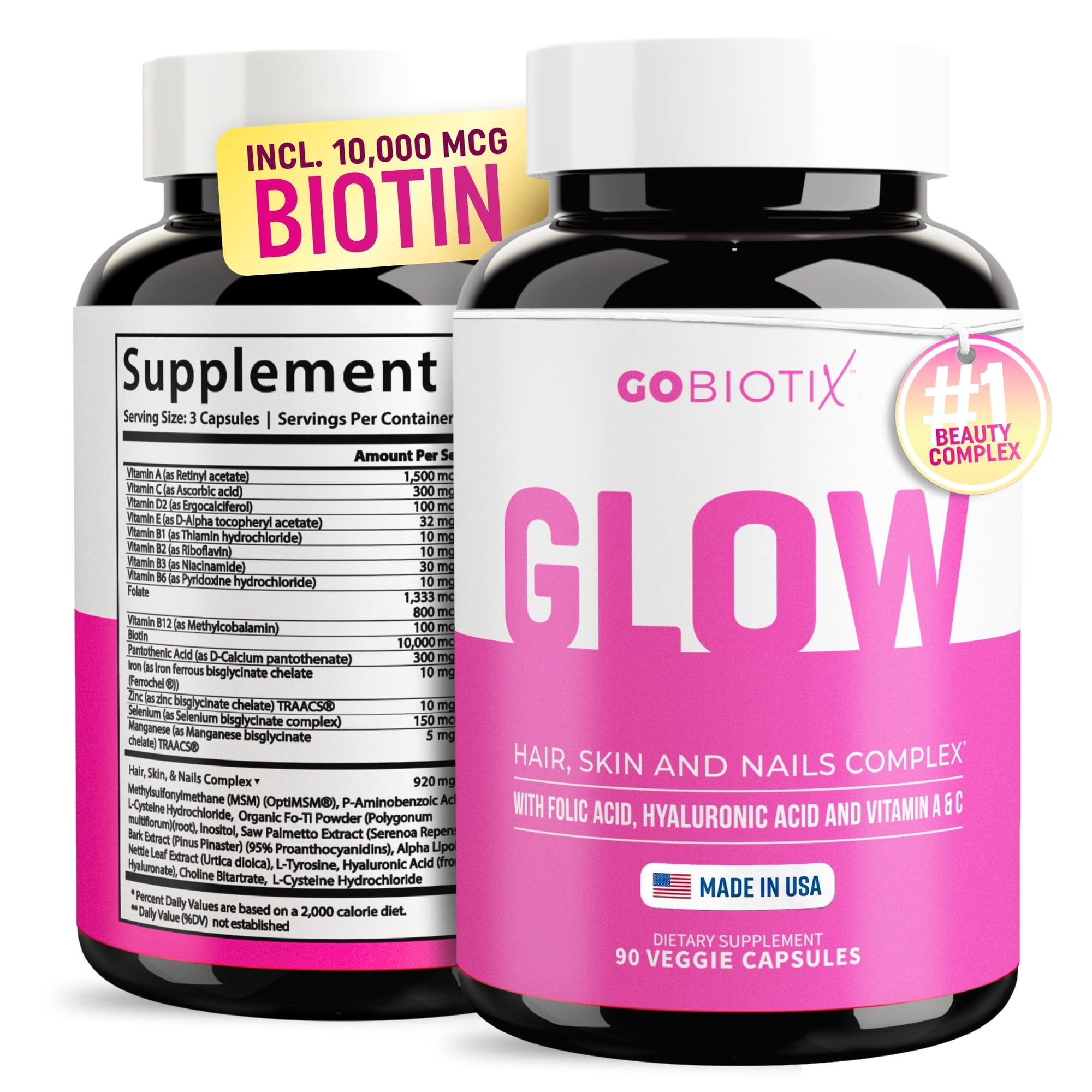 GoBiotix Glow Biotin 10000mcg, Collagen Boost Hair, Skin & Nails Multivitamin with Hyaluronic Acid, 90 Caps
