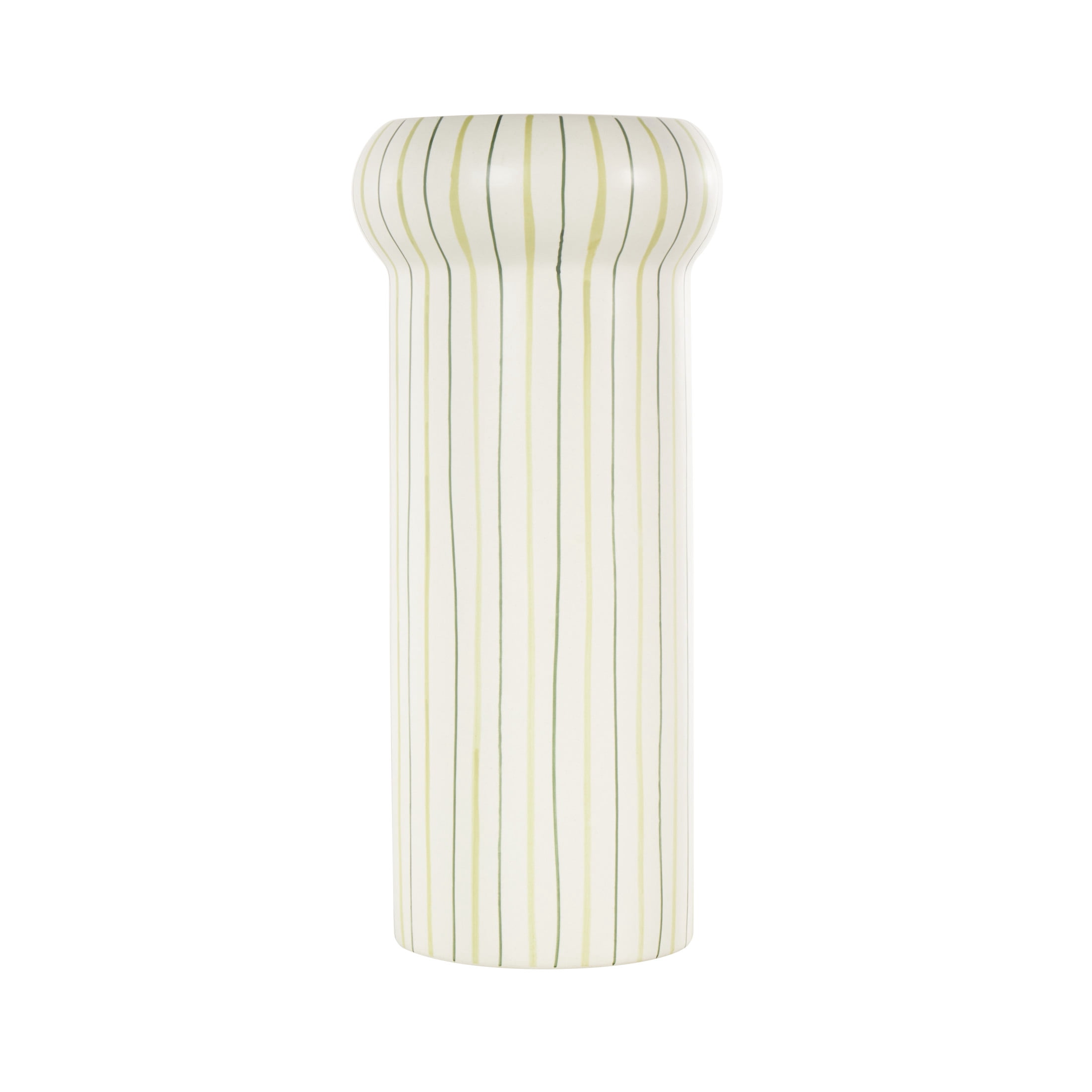 DecMode 12" Abstract Round White Ceramic Vase with Green Linear Patterns