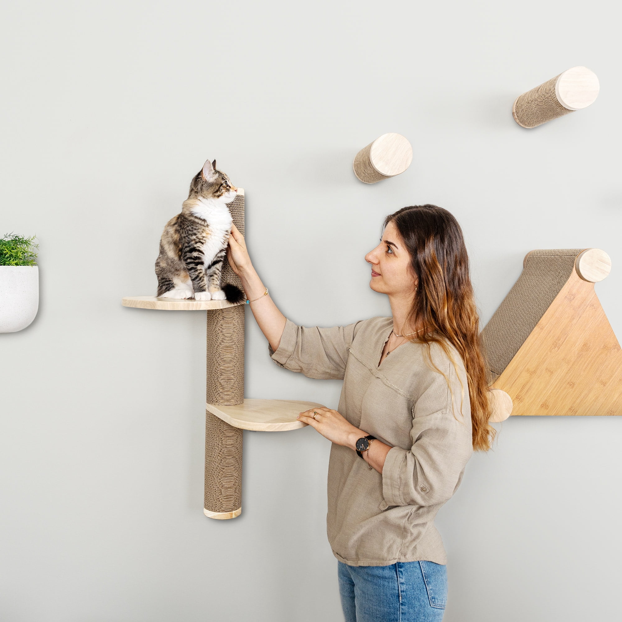 Ascentials by FurHaven Sunrise Steps Cat Post with Perches (34”), Wall-Mounted Customizable Climbing Shelves with Corrugated Cardboard for Scratching
