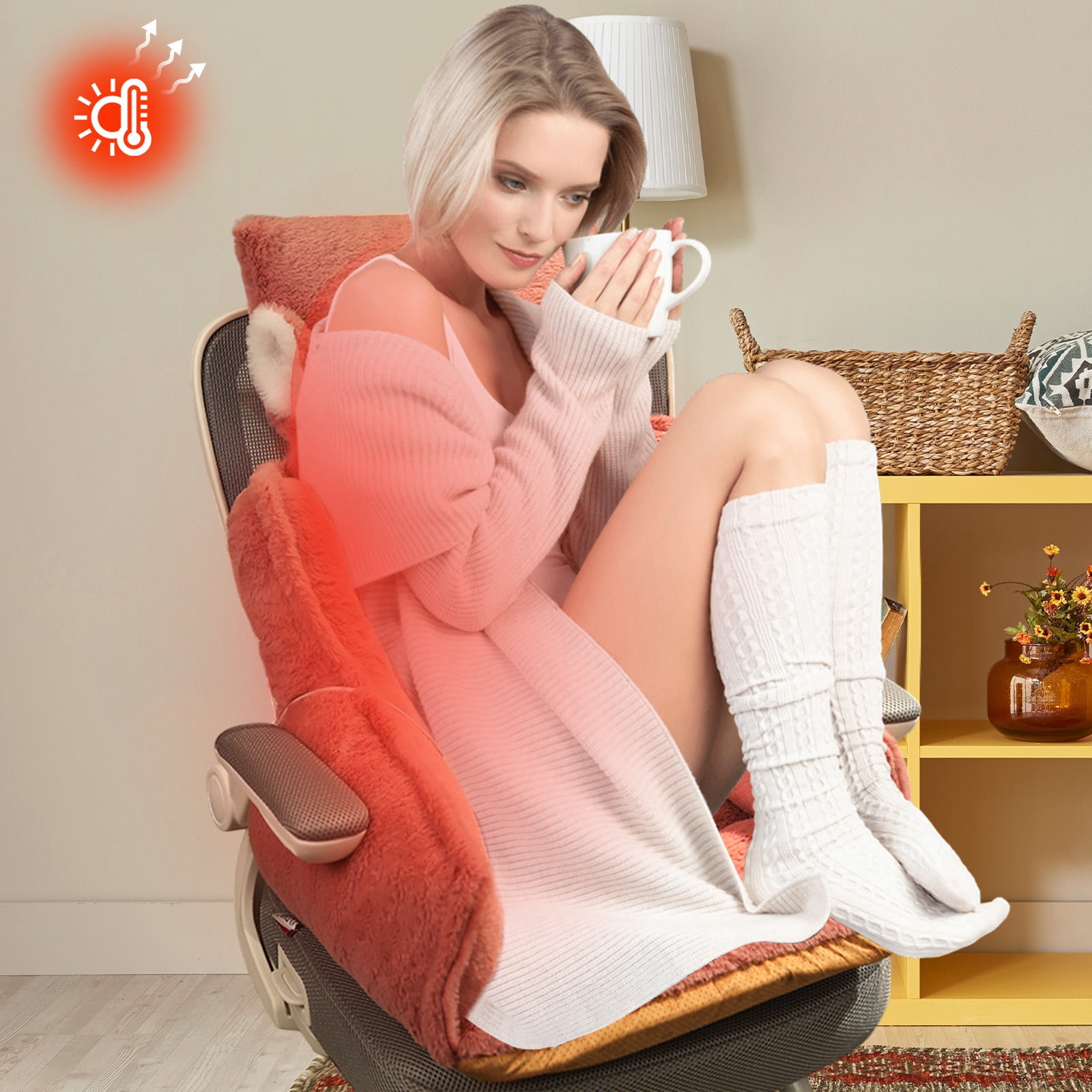 Fnyoxu Heated Seat Cushion for Office Chair & Car - 3-Temperature Fast Heating Pad with Non-Slip Base, Machine Washable Cover, Back Support - 15.7X13.8X23.6 Inch