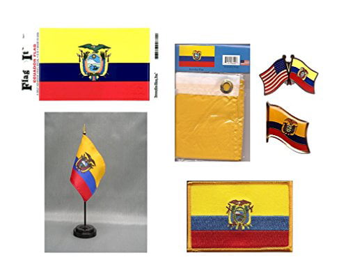 Ecuador Heritage Flag Set 3x5 Flag, Decal, Lapel Pins, & Desk Flag 